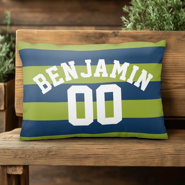 Navy Blue and Lime Green Rugby Stripes Name Number Decorative Pillow (Custom Pillow)