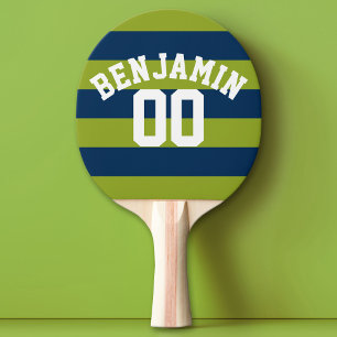 Navy Blue and Lime Green Rugby Stripes Name Number Ping-Pong Paddle