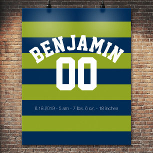 Navy Blue and Lime Green Rugby Stripes Name Number Poster