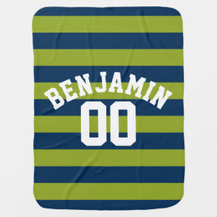Navy Blue and Lime Green Rugby Stripes Name Number Receiving Blanket