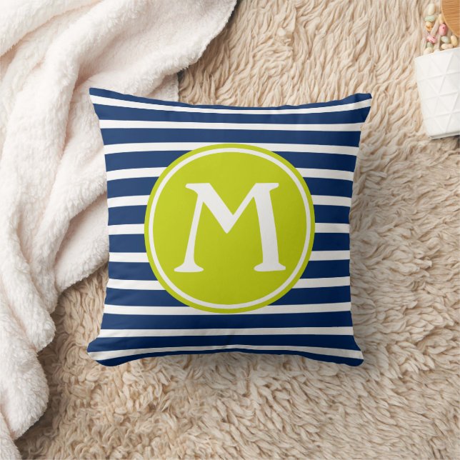 Navy Blue and Lime Green Stripe Monogram Throw Pillow (Blanket)