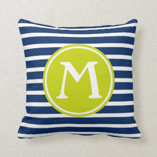 Navy Blue and Lime Green Stripe Monogram Throw Pillow