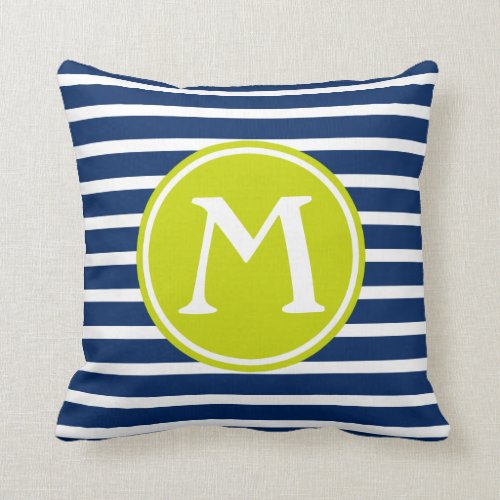 Navy Blue and Lime Green Stripe Monogram Throw Pillow