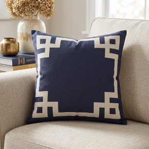 Navy Blue and Linen Beige Greek Key Border Throw Pillow