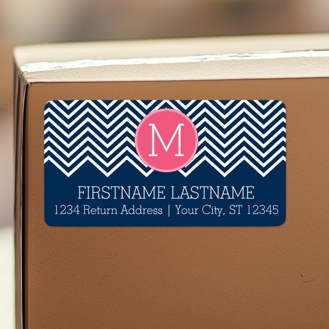 Navy Blue and Magenta Chevrons Custom Monogram Label (Custom Shipping Label with Return Address)