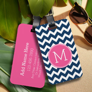Navy Blue and Magenta Chevrons Custom Monogram Luggage Tag