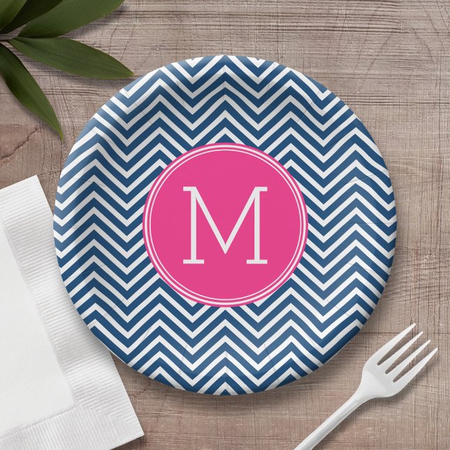 Navy Blue and Magenta Chevrons Custom Monogram Paper Plates (Personalized birthday plate with monogram)