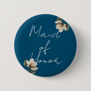 Navy Blue and Magnolia Wedding Maid of Honor Button