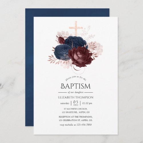 Navy Blue and Maroon Floral Baptism Invitation