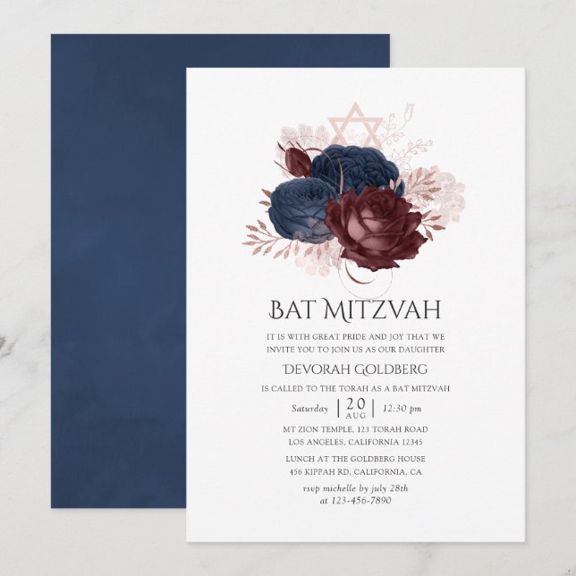 Navy Blue and Maroon Floral Bat Mitzvah Invitation (Front/Back)
