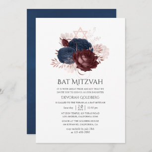 Navy Blue and Maroon Floral Bat Mitzvah Invitation
