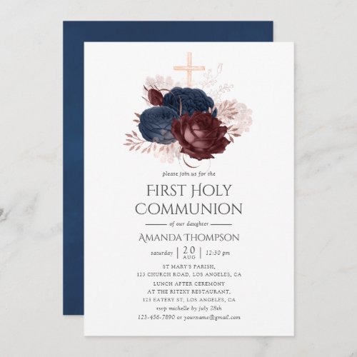 Navy Blue and Maroon Floral Holy Communion Invitation