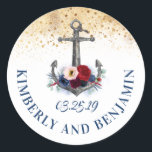 Navy Blue and Marsala Anchor Nautical Wedding Classic Round Sticker<br><div class="desc">Navy blue and burgundy red floral anchor beach wedding stickers</div>