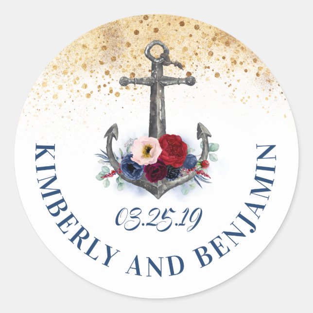 Navy Blue and Marsala Anchor Nautical Wedding Classic Round Sticker (Front)