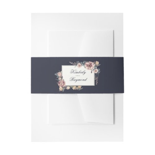 Navy Blue and Mauve Blush Floral Wedding Invitation Belly Band