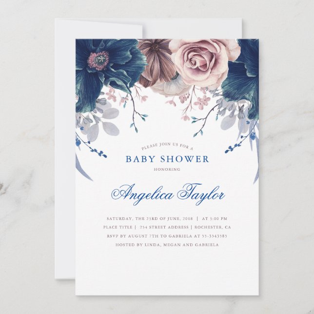 Navy Blue and Mauve Floral Baby Shower Invitation (Front)