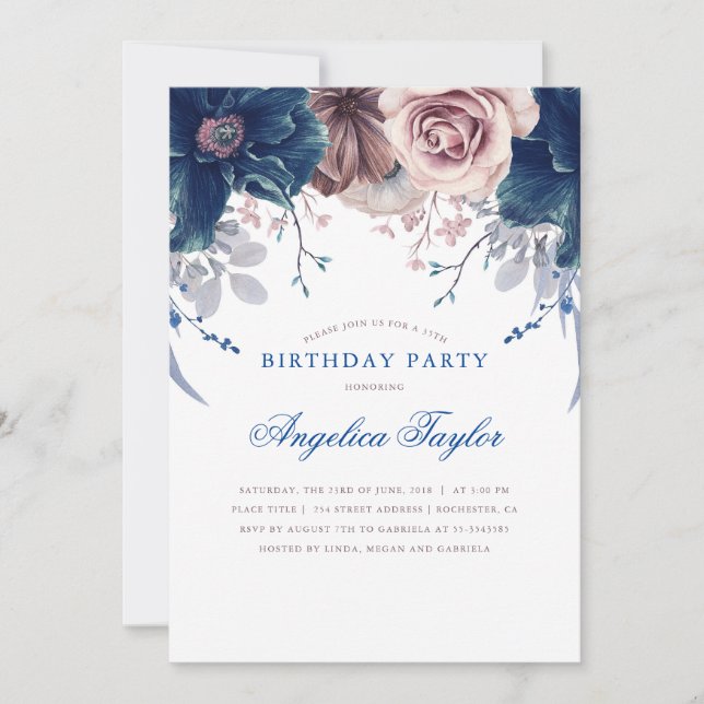 Navy Blue and Mauve Floral Birthday Party Invitation (Front)