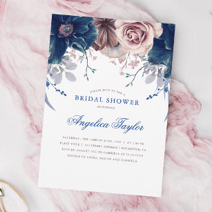 Navy Blue and Mauve Floral Bridal Shower Invitation