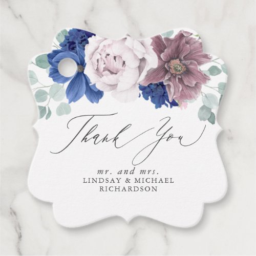 Navy Blue and Mauve Floral Elegant Thank You Favor Tags