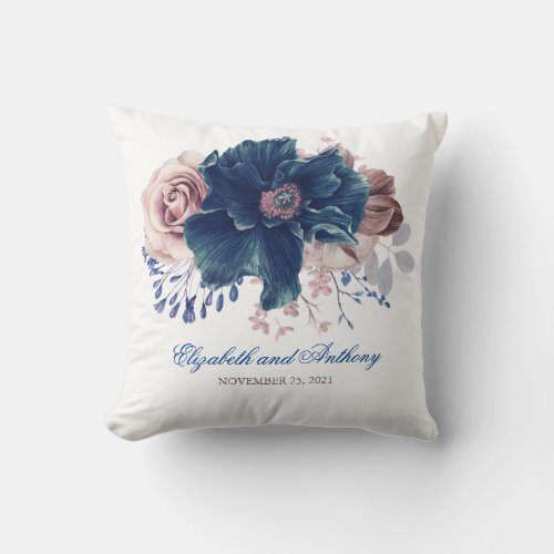 Navy Blue and Mauve Floral Elegant Watercolor Throw Pillow