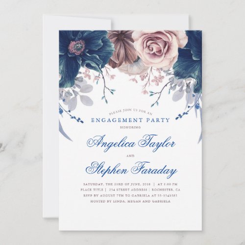 Navy Blue and Mauve Floral Engagement Party Invitation