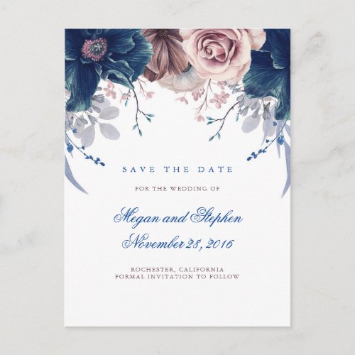 Navy Blue and Mauve Floral Save the Date Announcement Postcard