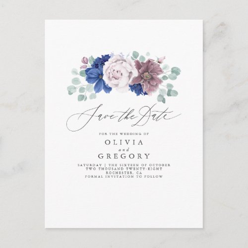 Navy Blue and Mauve Floral Save The Date Card