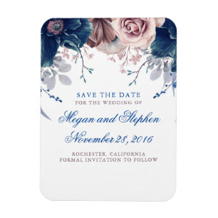 Navy Blue and Mauve Floral Save the Date Magnet