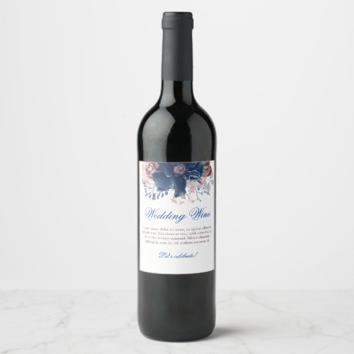 Navy Blue and Mauve Floral Watercolor Wedding Wine Label