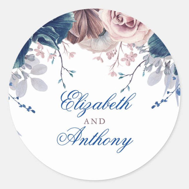 Navy Blue and Mauve Floral Wedding Classic Round Sticker (Front)
