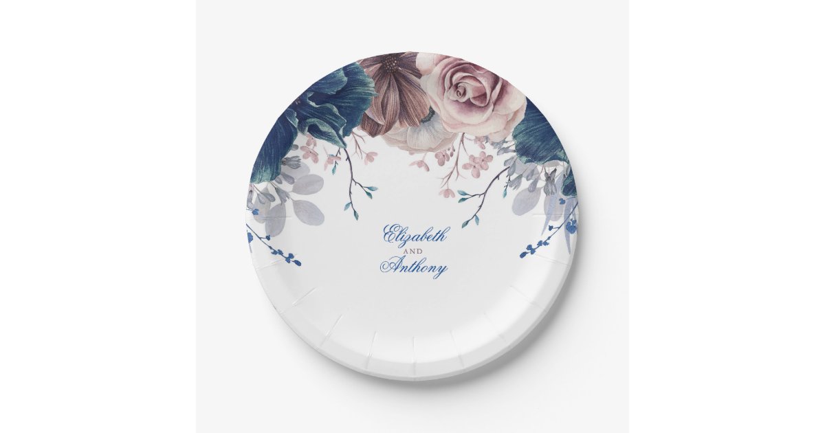 Navy Blue and Mauve Floral Wedding Paper Plates | Zazzle