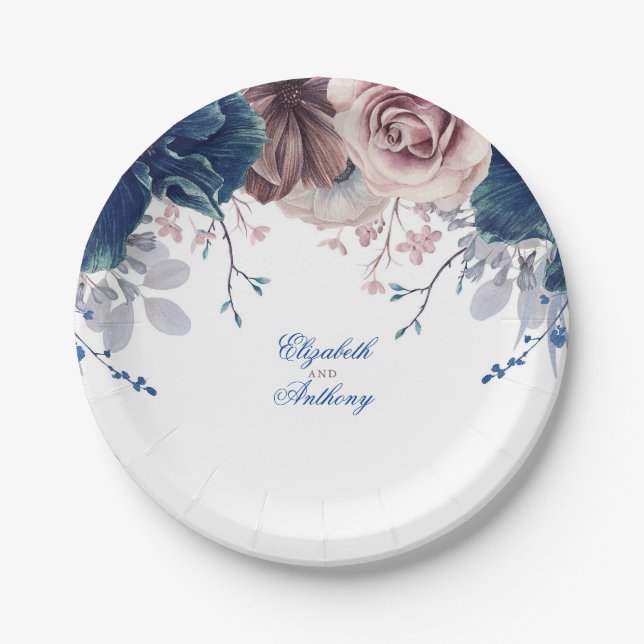 Navy Blue and Mauve Floral Wedding Paper Plates (Front)