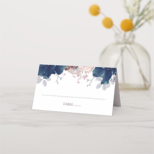 Navy Blue and Mauve Floral Wedding Place Card