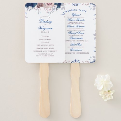 Navy Blue and Mauve Floral Wedding Program Hand Fan