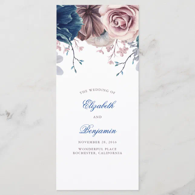 Navy Blue and Mauve Floral Wedding Programs | Zazzle