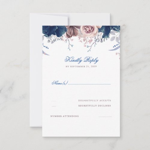 Navy Blue and Mauve Floral Wedding RSVP