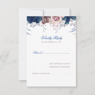 Navy Blue and Mauve Floral Wedding RSVP Card