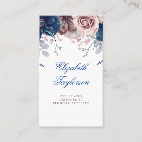 Navy Blue and Mauve Watercolor Floral Vintage Business Card