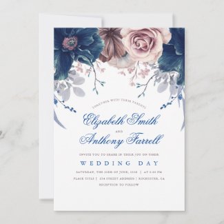 Midnight Blue and Dusty Rose Wedding Invite with Watercolor Floral design