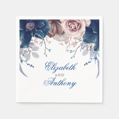 Navy Blue and Mauve Watercolor Flowers Napkins