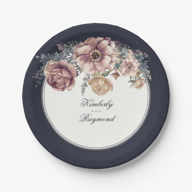 Navy Blue and Mauve Watercolor Flowers Vintage Paper Plates | Zazzle