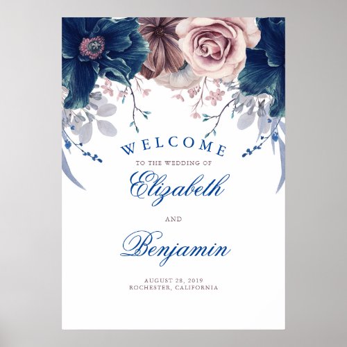Navy Blue and Mauve Wedding Welcome Sign