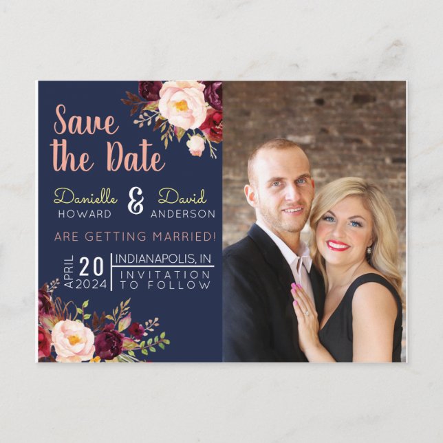 Navy Blue and Merlot Floral Save the Date Invitation Postcard (Front)