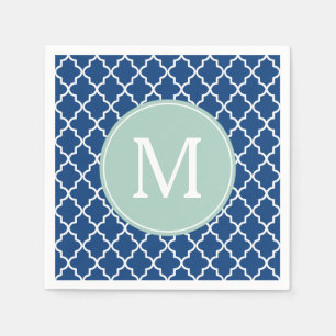 Navy Blue and Mint Green Quatrefoil Monogram Paper Napkins