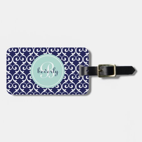 Navy Blue and Mint Heartlocked Print Luggage Tag