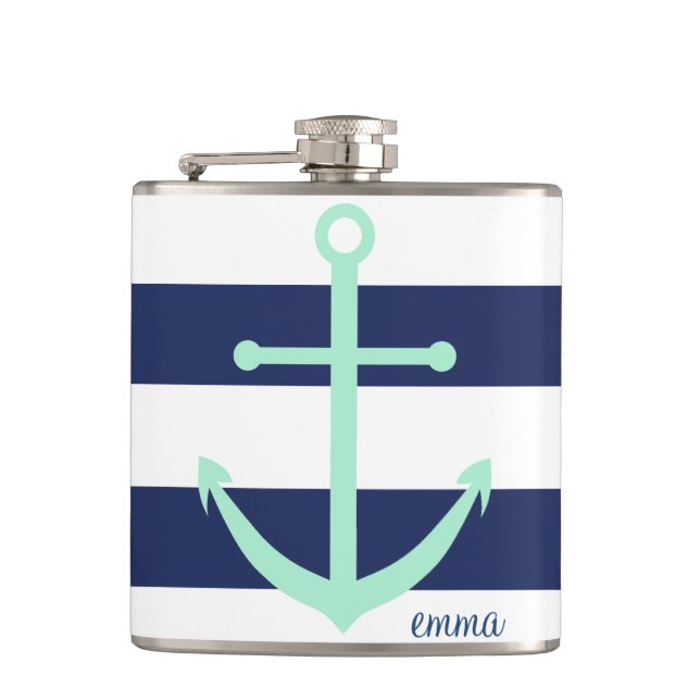 Navy Blue and Mint Monogram Anchor Flask (Front)