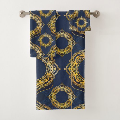 Navy Blue and or Violet with Gold Mandalas Bath Towel Set