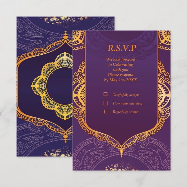 Navy Blue and or Violet with Gold Mandalas RSVP Card (Front/Back)