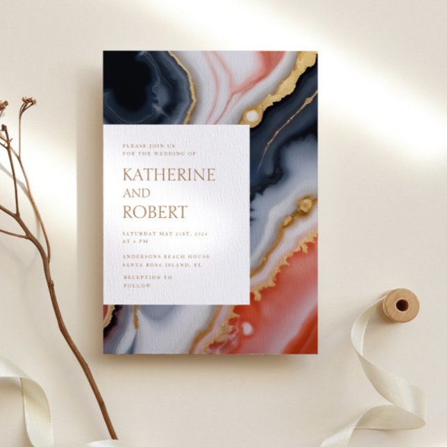 Navy Blue And Orange Agate Modern Wedding Invitation (Creator Uploaded)