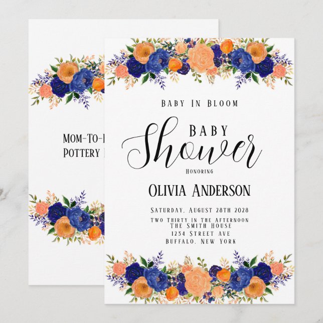Navy Blue and Orange Baby In Bloom Baby Shower Invitation (Front/Back)